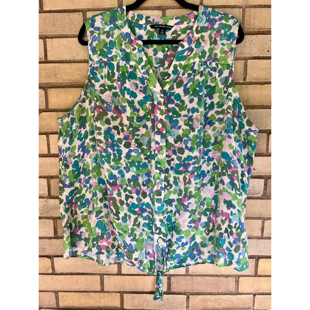Zac & Rachel Green Blue Print Tie Front Button Down Sleeveless Blouse Size 2X